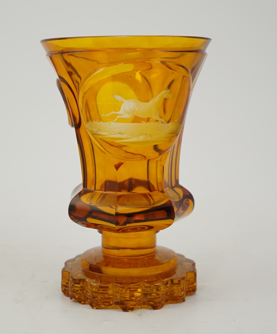 Horse interest - two German amber flashed beakers and two engraved rummers, 19th century